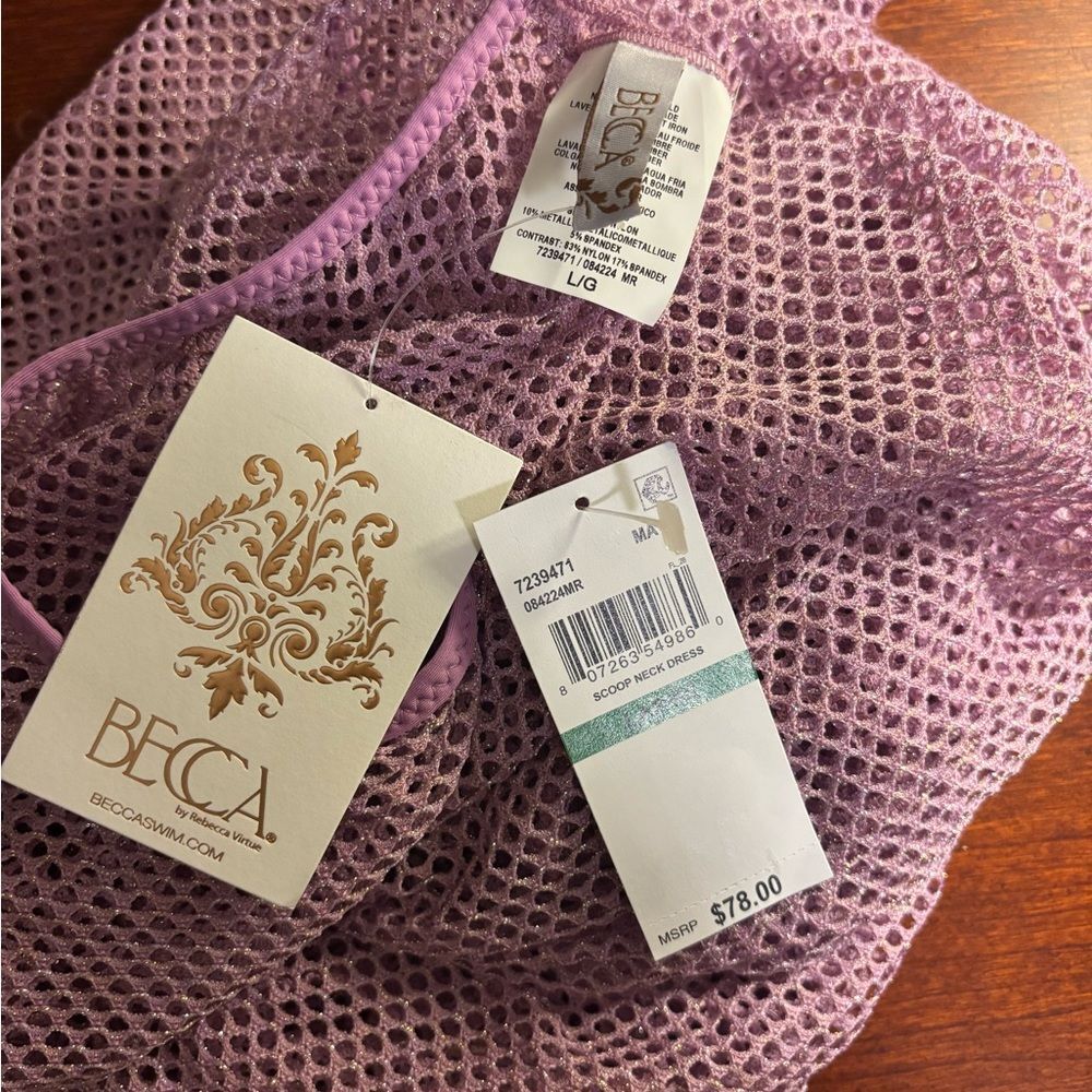 BECCA Scoop Neck Long Sleeve Swim Coverup Mesh Dress Lilac Purple Large NEW - Picture 2 of 9